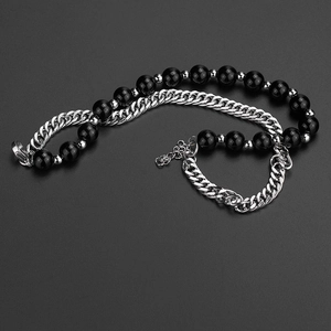 Double-layered hip hop bracelet with black polished beads and silver Cuban chain link