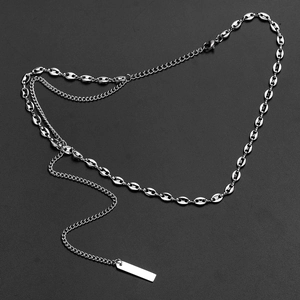 Minimalist double-layer silver stainless steel chain necklace with square bar pendant