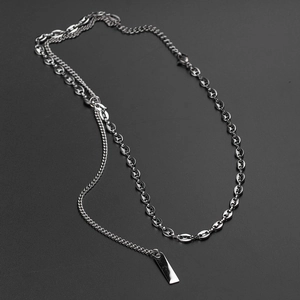 Asymmetric stainless steel coffee bean chain necklace with polished rectangular pendant