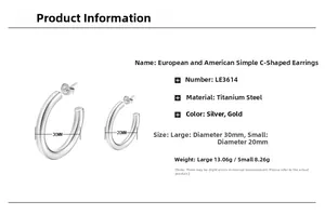 Size specifications for C-shaped titanium steel hoop earrings in gold and silver finish