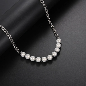 Street style reflective pearl stitching necklace in titanium steel for women and men