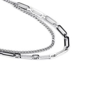 Collana a doppio strato in acciaio inossidabile argento con catena cubana e graffetta
