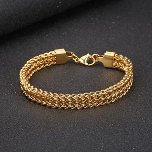 Mens heavy 18K gold plated stainless steel wheat chain bracelet with lobster clasp