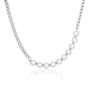 Asymmetric Artificial Pearl Splicing Necklace Stainless Steel Curb Chain Choker For Women Men Streetwear Party Jewelry