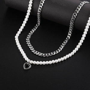 Collier double couche hip-hop avec perles blanches et pendentif cœur noir en acier inox