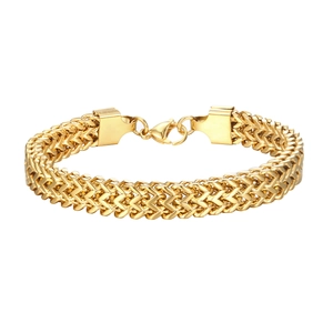 Polished gold stainless steel double wheat chain bracelet with lobster clasp for men