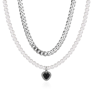Collier Double Couche en Acier Inoxydable Hip Hop Künstliche Perle Cœur pour Hommes Femmes Chaîne Cubaine Argent Pendentif Cœur Noir
