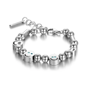 Hip Hop Titanium Steel Smiley Face Beaded Bracelet For Women Men Stainless Steel Silver Rhinestone Smile Bracelet Jewelry