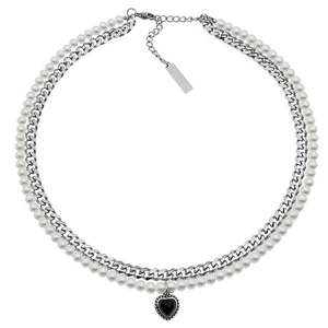 Collier double couche en acier inoxydable avec perles blanches et pendentif cœur noir