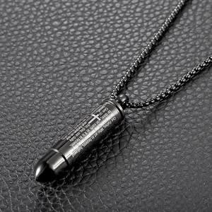 Collier pendentif balle noire en acier inoxydable avec croix et gravure de prière