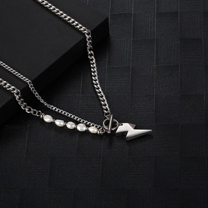 Minimalist double-layered titanium steel necklace with natural pearls and lightning pendant