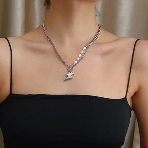 Silver lightning pendant necklace with natural pearls on a thin chain for women