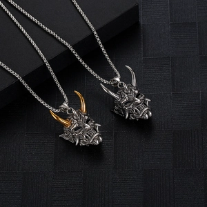 Gothic Hannya Mask necklace in titanium steel with vintage finish and demon horn design