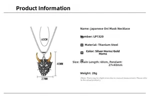 Specifications of Japanese Hannya Mask pendant necklace in titanium steel with measurements