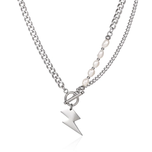 Minimalist Natural Freshwater Pearl Splicing Necklace Hip Hop Stainless Steel Lightning Bolt Pendant Toggle Clasp Necklace