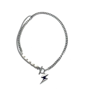 Minimalist pearl stitching necklace with silver lightning bolt pendant and T-bar closure