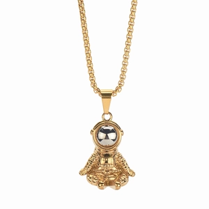 Gold astronaut pendant necklace in hip hop style with titanium steel box chain