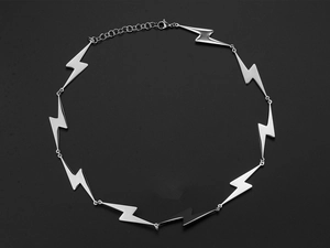 Polished stainless steel necklace featuring lightning bolt segments and lobster clasp