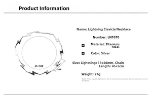 Detailed view of silver lightning bolt necklace in titanium steel with 45+5cm chain length