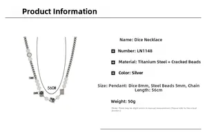 Detailed view of silver spliced dice necklace with 56cm chain and titanium steel beads