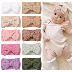 Soft Elastic Ribbed Nylon Baby Headband With Large Bow Chiffon Lace Infants Headwear Comfortable Toddler Hair Accessories