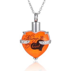 Silver stainless steel heart urn necklace with orange stone and Always in my heart engraving