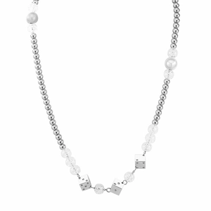 Hip hop stainless steel beaded necklace with silver dice pendants and textured beads