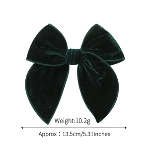 Dark green velvet hair bow clip for girls with a vintage preppy style, 13.5cm large size