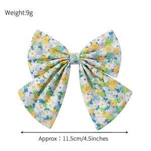 Floral print bow hair clip with yellow and blue flowers, 4.5 inch lightweight hair accessory