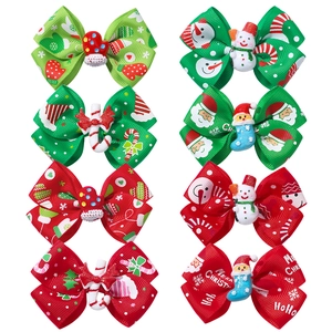 Christmas Kids Bowknot Hair Clips Assorted Santa Snowman Candy Designs Grosgrain Ribbon Festive Holiday Hair Accessories For Girls