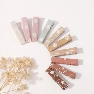 10-piece set of Morandi colored linen hair clips with white floral embroidery for girls