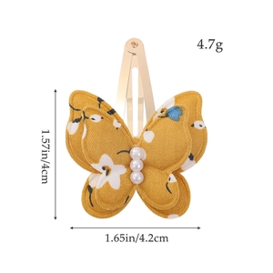 Handmade yellow floral print butterfly hair clip with pearls for baby girls hair bow