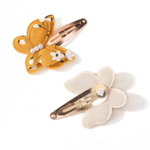 Floral butterfly hair clips with pearls and handmade yellow flower print fabric for girls