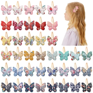 Floral Print Butterfly Hair Clips For Kids Girls Double Layer Fabric Sweet Hairpins With Imitation Artificial Pearl Golden BB Clips