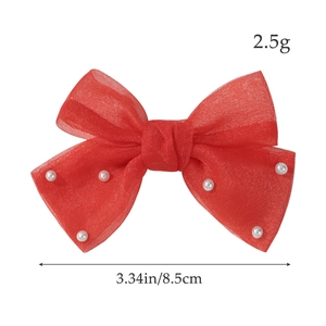 Barrette à cheveux nœud en tulle rouge fait main pour filles avec perles élégantes blanches
