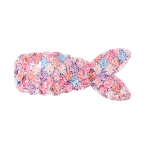 Close-up of glittery mermaid tail hair clip with vibrant gradient scales and sequins