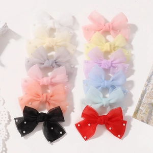 Lot de 12 barrettes à cheveux colorées avec nœuds en tulle et perles pour filles