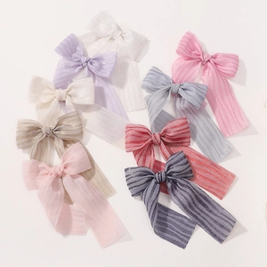Lot de 8 barrettes nœuds en coton et lin avec rayures argentées pour filles