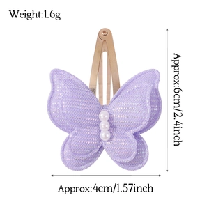 Pince à cheveux papillon en tissu pailleté violet à deux couches avec perles blanches
