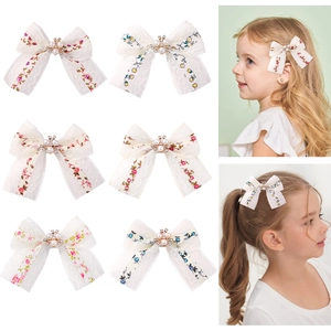 Molletta per Capelli a Fiocco in Pizzo Dolce per Ragazze Fiori Ricamati Con Perla Artificial e Strass Stile Principessa Accessori Capelli