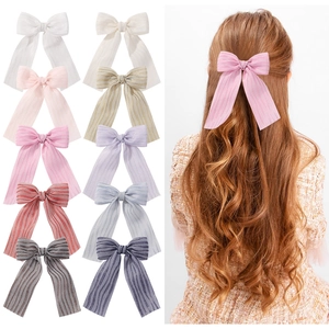 Barrette à Cheveux Grand Nœud Fait à la Main Avec Long Ruban pour Enfants Filles Douce Pince à Cheveux Rayée en Coton Polyester Coiffe de Princesse