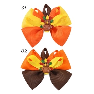 Detailed view of Thanksgiving turkey hair bows with grosgrain ribbon for girl party