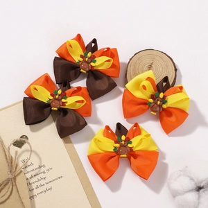 Set of 4 Thanksgiving turkey hair bows with autumn ribbon and cartoon resin accents