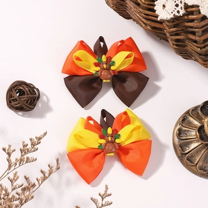 Handmade Thanksgiving turkey bow hair clip accessory for kids with colorful grosgrain ribbon