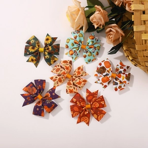 Detailed set of 6 autumn hair bows featuring pumpkin, turkey, and maple leaf prints