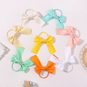 8pcs set of girls' solid satin bow hair ties in multiple colors for kids and toddlers
