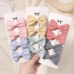 Plaid ribbon bow hair clips set for girls in various colors on display card