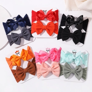 Baby Bow Headband Set For Newborn Infant Toddler Girls Polyester Nylon Elastic Hairband Ribbed Waffle Texture Headwear