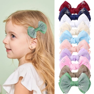 Barrettes à Cheveux Nœud Double Couche Fait à la Main pour Filles Épingles à Cheveux en Gros-grain et Organza Pailleté Doux