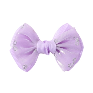 Barrette à cheveux double nœud lavande en satin avec motifs de papillons argentés brillants